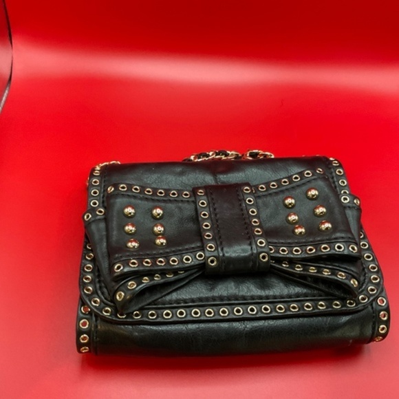 REBECCA MINKOFF Sweetie Studded Bow Black/ Gold Leather Shoulder Bag - Picture 9 of 12
